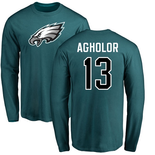 Men Philadelphia Eagles #13 Nelson Agholor Green Name and Number Logo Long Sleeve NFL T Shirt->philadelphia eagles->NFL Jersey